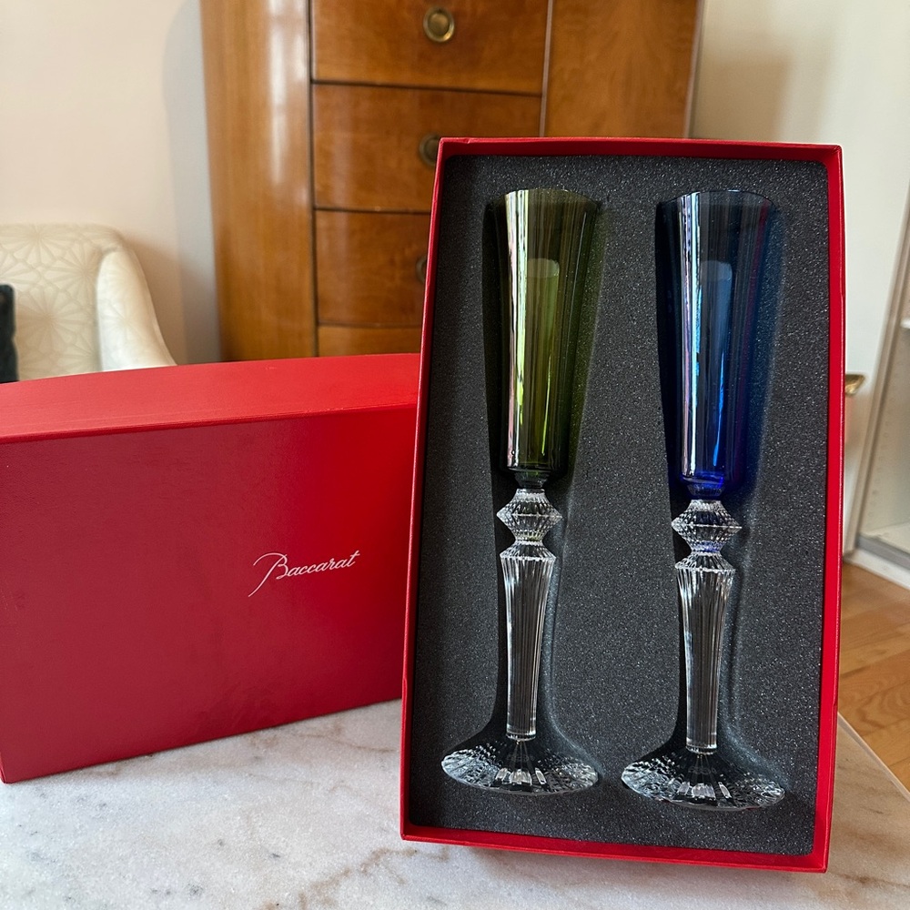 Baccarat Mille Nuits Flutissimo Crystal Flutes in Green and Blue